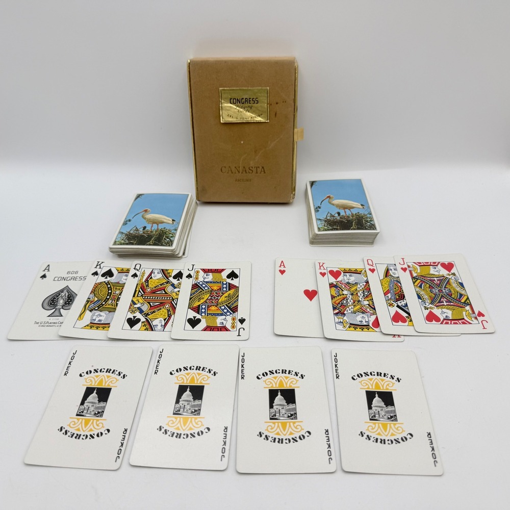 Vintage Congress Canasta Playing Cards Double Deck Ibis Bird Cel-U-Tone Box Set